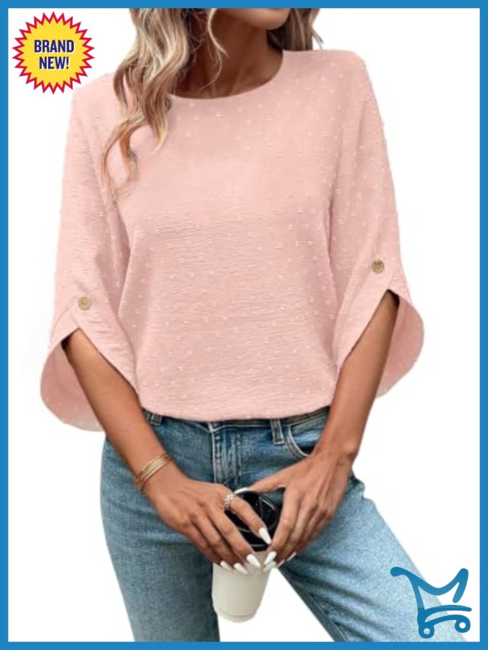 Womens 3/4 Sleeve Swiss Dot Blouse Crew Neck Dressy Casual Top